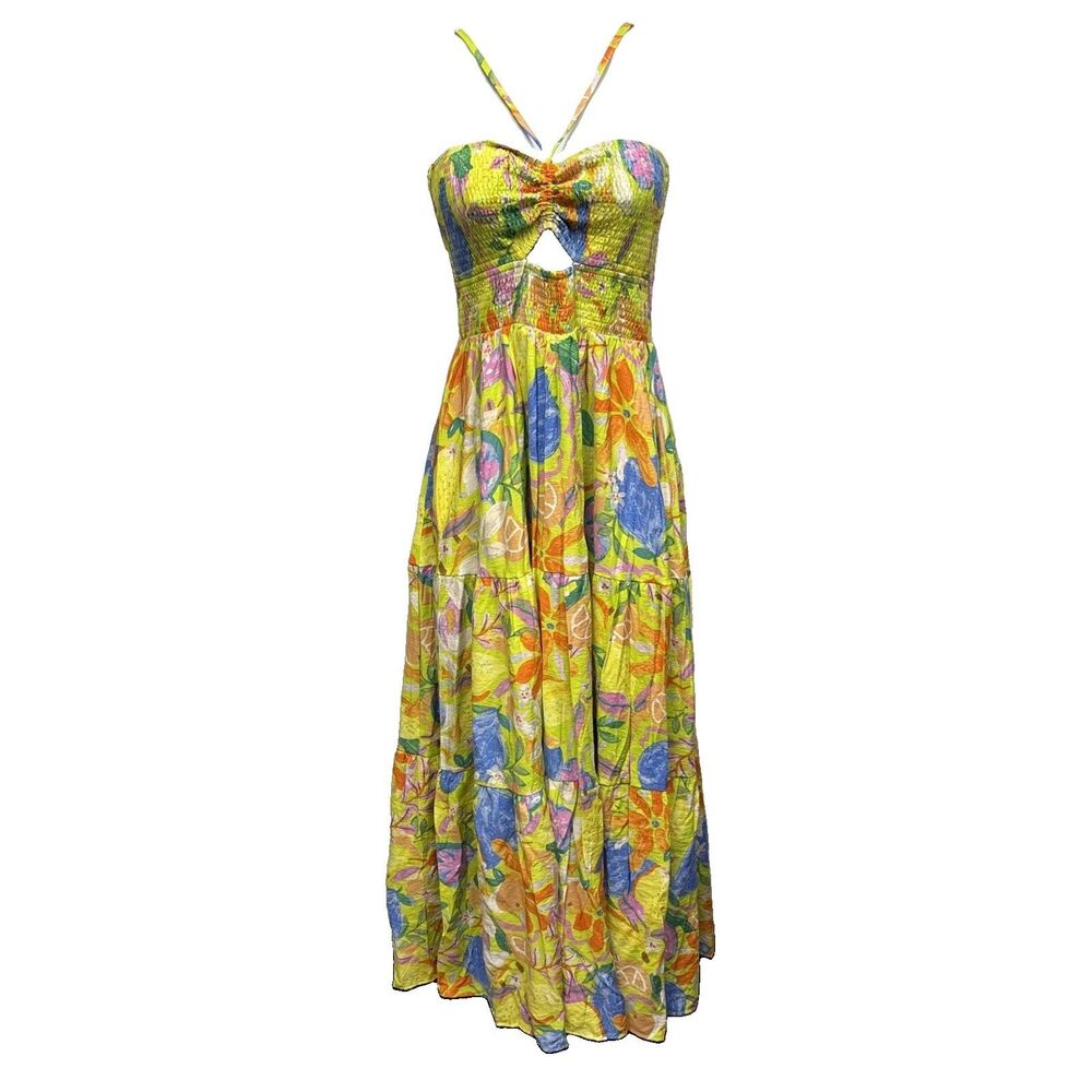 By Together Halter Maxi Dress Green Tiered Lined Smocked Pockets L Floral New
